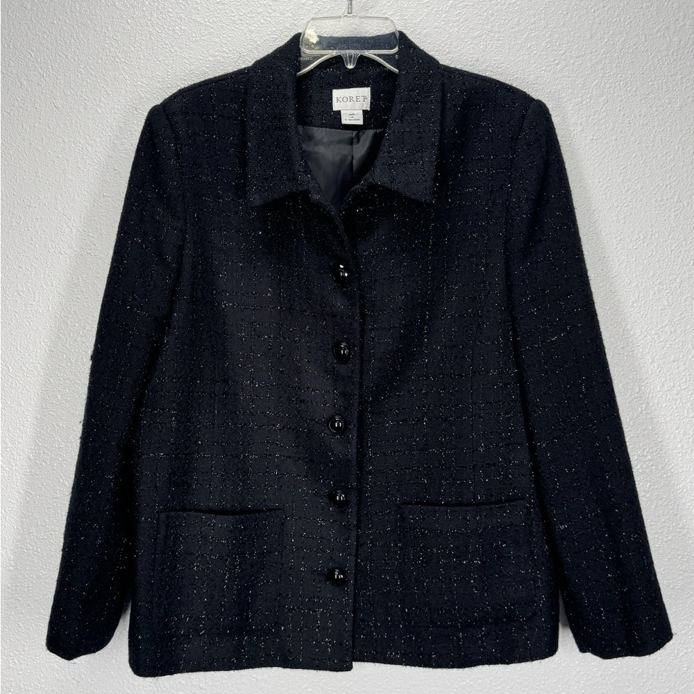Koret Black Metallic Sparkly Tweed Blazer 12 Button Up
